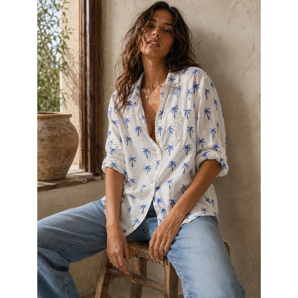 Chicos Linen Cotton Palm Tree Print Button Down Shirt White Blue Size 2 Large